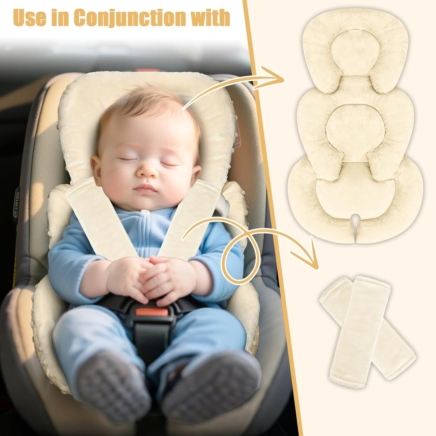 GFU Infant Car Seat Insert Head and Body Support, Reversible Newborn Insert for Carseat with Strap Pads, Soft Stroller Cushion Pillow Insert for Boys and Girls, Fits for Stroller, Swing, Beige