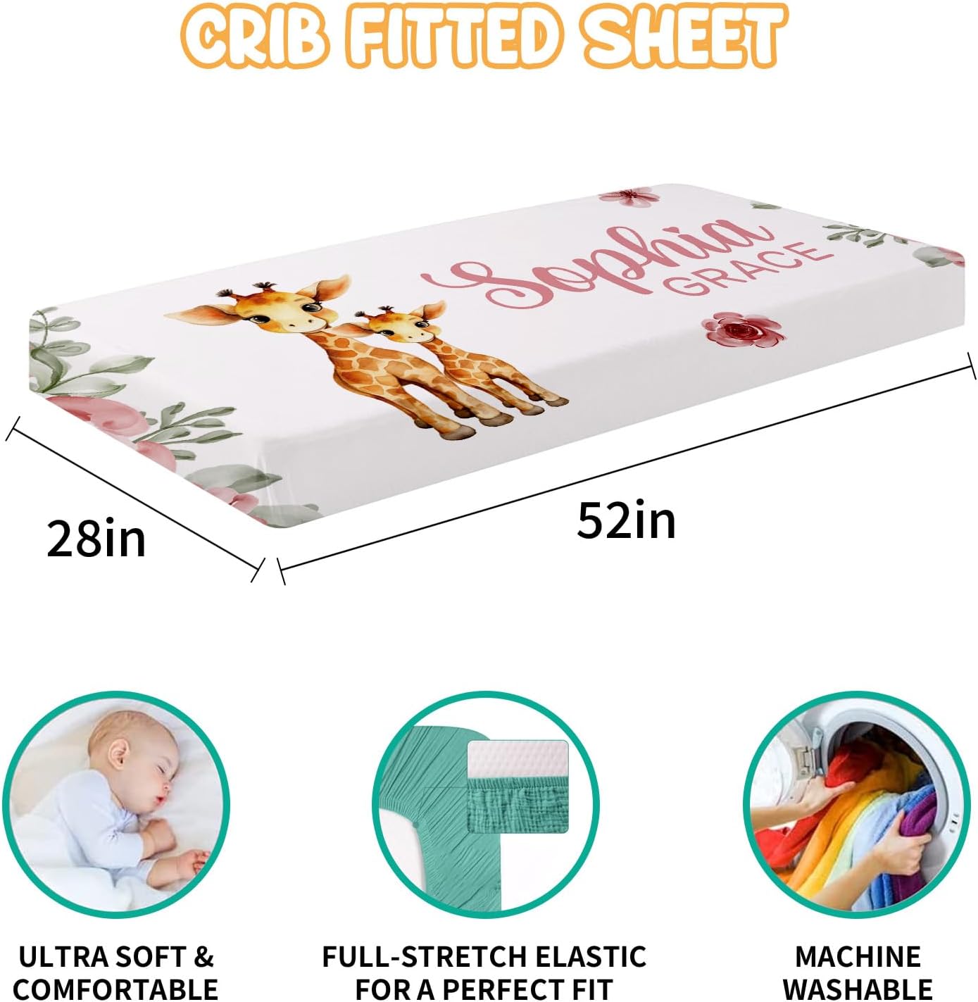 Custom Crib Bedding Set - Giraffe Design Personalized Name Baby Nursery Bed 3 Pcs Set - Chic Soft Blanket with Dotted Backing, Sheet, Pillowcase for Newborn Girls Boys Gifts Color20