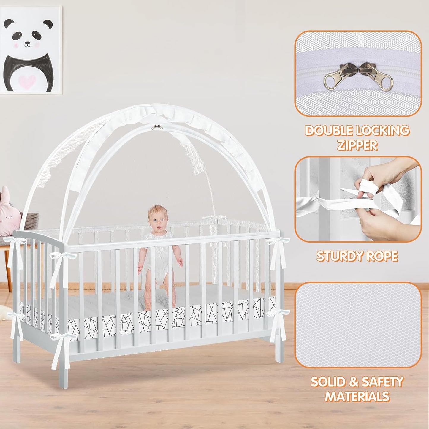 Crib Tent to Keep Baby from Climbing Out - Crib Net to Keep Baby in - Pop Up Breathable Cribs Cover - Canopy with Upgrade Strong Mesh and Durable Zipper (White - Lines, Lager)