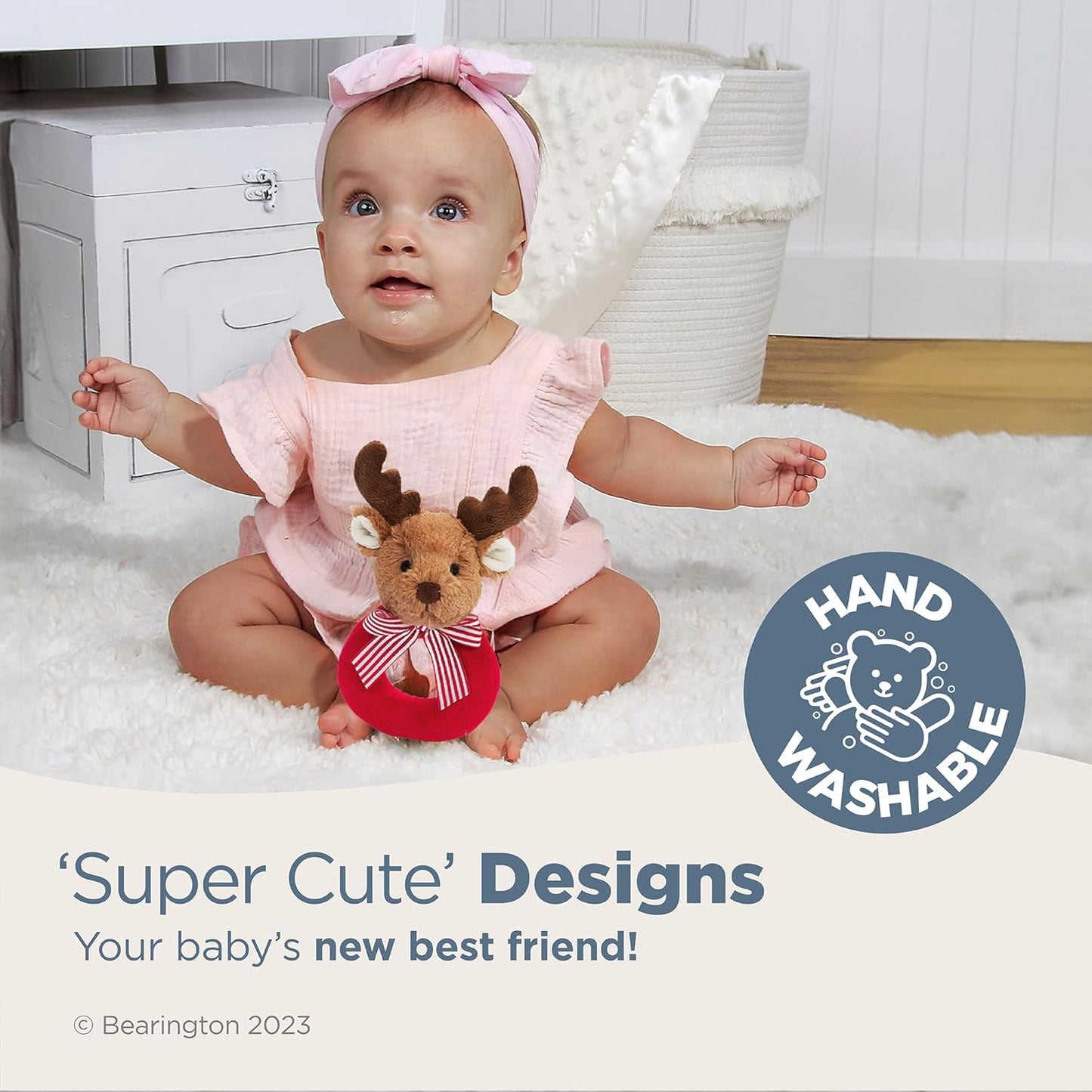 Bearington Baby Lil’ Reindeer Christmas, 5.5 Inch Christmas Reindeer Plush Stuffed Animal, Soft Baby Rattles and Plush Rings