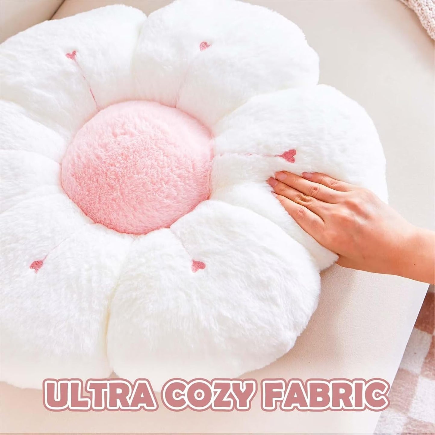 Flower Pillow, Cute Flower Shaped Decorative Pillow, Soft Rabbit Fur Daisy Pillow Home Decor Floor Seating Cushion for Bedroom Living Room (Hot Pink 14.9 Inch)