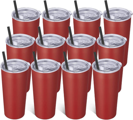 VEGOND 20oz Tumbler Bulk with Lid and Straw 12 Pack, Stainless Steel Vacuum Insulated Tumbler, Double Wall Coffee Cup Travel Mug, Red