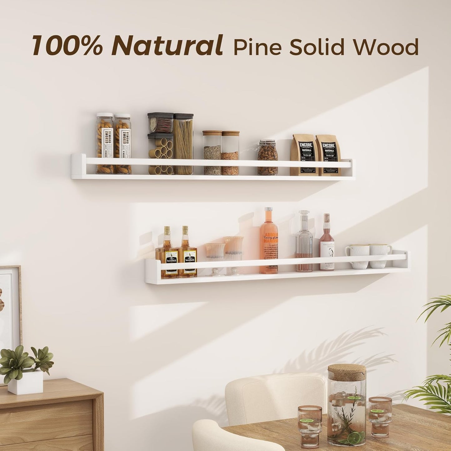 Fun Memories Nursery Book Shelves - Rustic Natural Solid Wood Floating Bookshelf for Kids - Wall Book Shelves for Kids Room (White, 48inch - 2P)