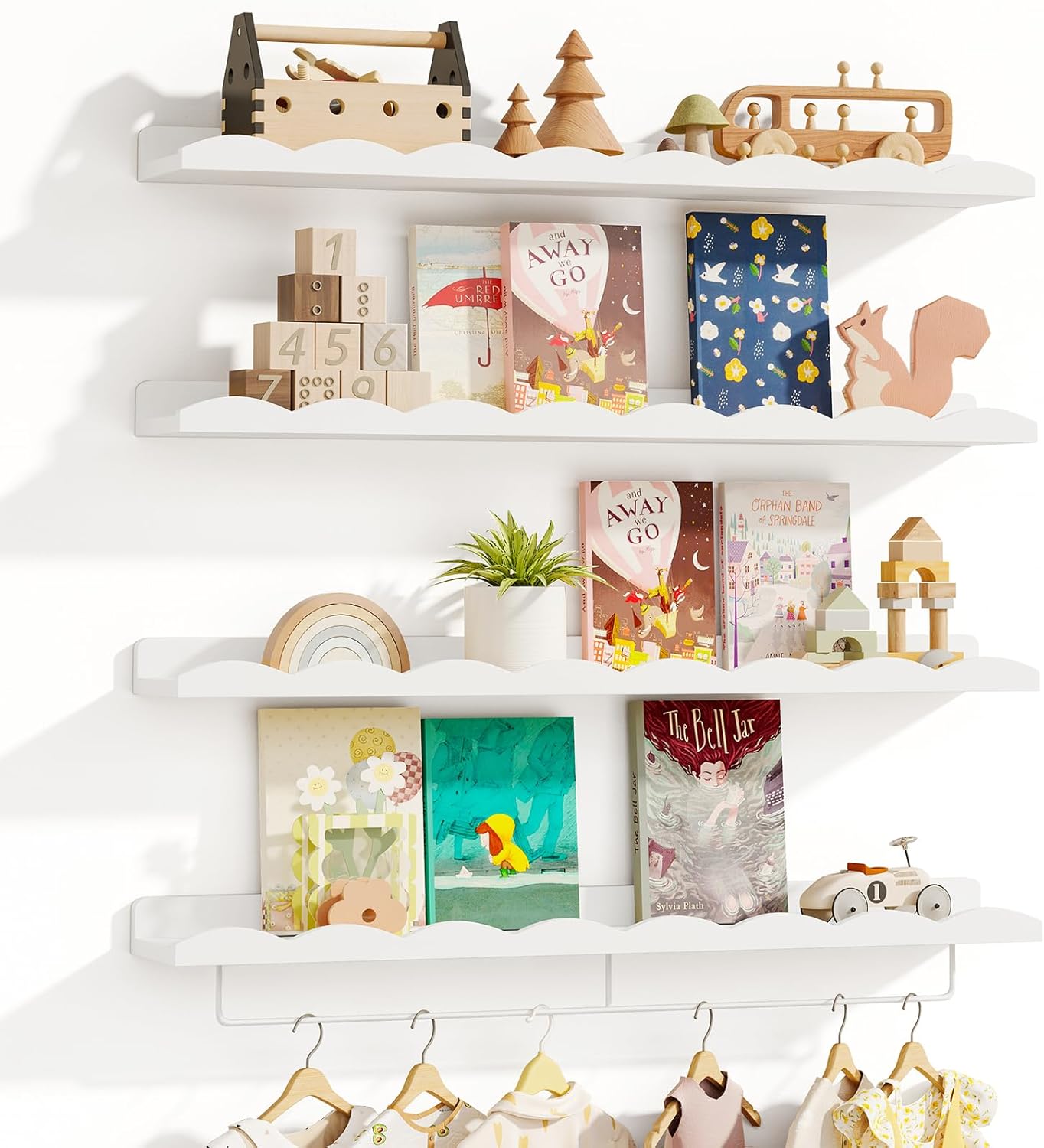 Fixwal Nursery Shelves, 24 Inch Floating Bookshelves for Wall Set of 4, Scalloped Wall Book Shelves with Towel Rack for Kids, Toddler Room, Baby Room, Nursery Decor and Storage(White)