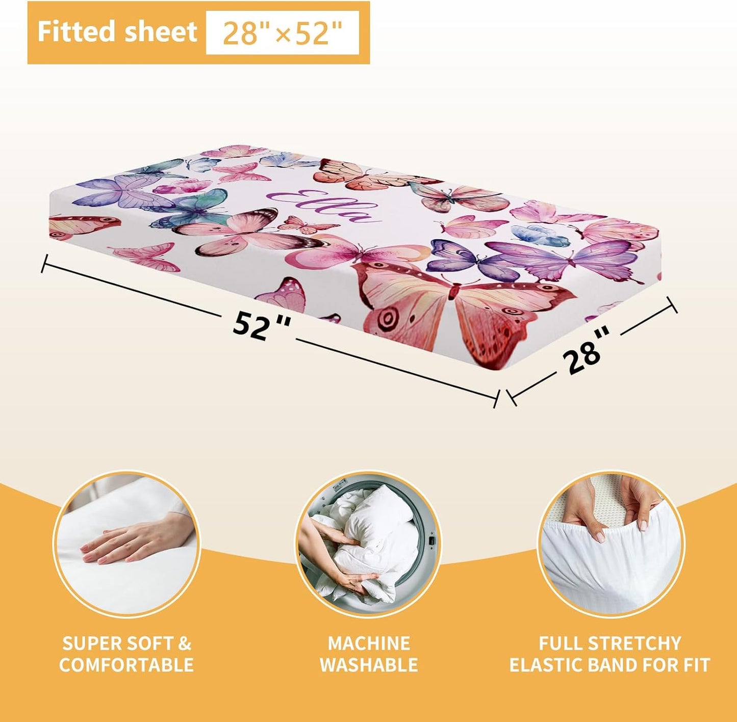 Personalized Baby Bedding Set, 5 Pcs Custom Infants Bedding Set with Infant Name, Double Layer Nursery Crib Set for Girls Boys, Customized Gifts for Toddler Baby Shower, Pink & Purple Butterfly