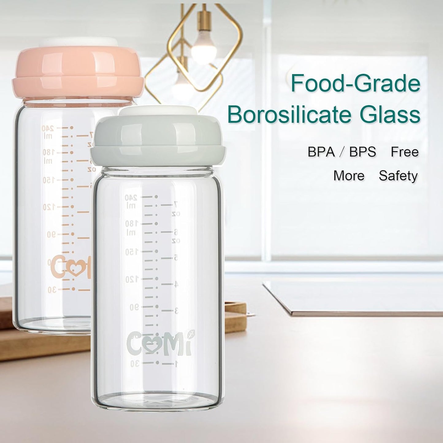 COMI Wide Neck Glass Breastmilk Collection n Storage Bottle, 8oz with Screw Ring Sealing Disk; Re-markable Sealing Disc. BPA Free, Fits Breast Pumps & Nipples (6 Gray Lids)