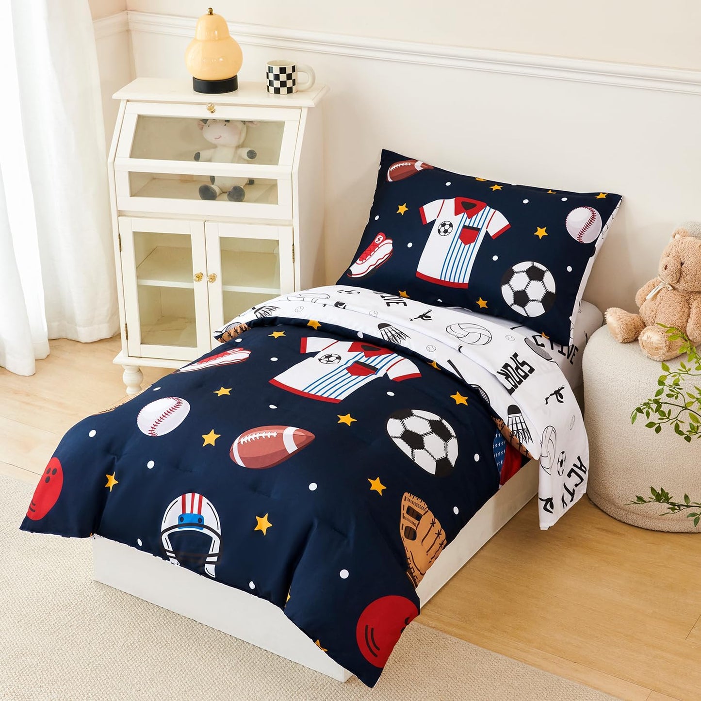PERFEMET Sports Bedding Set Twin Size 4 Pcs Reversible Ball Sport Theme Comforter Set for Boys Girls Soft Reversible Navy Blue Baseball Football Kids Bed in a Bag(Sport, Twin)
