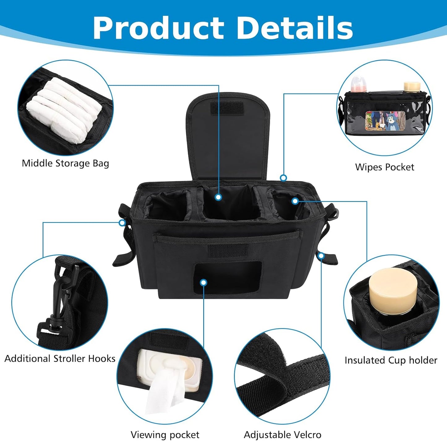 Accmor Universal Stroller Organizer with Insulated Cup Holder and Shoulder Strap, Stroller Caddy Bag Stroller Cup Holder Attachment for Uppababy, Baby Jogger, Britax Strollers, Black