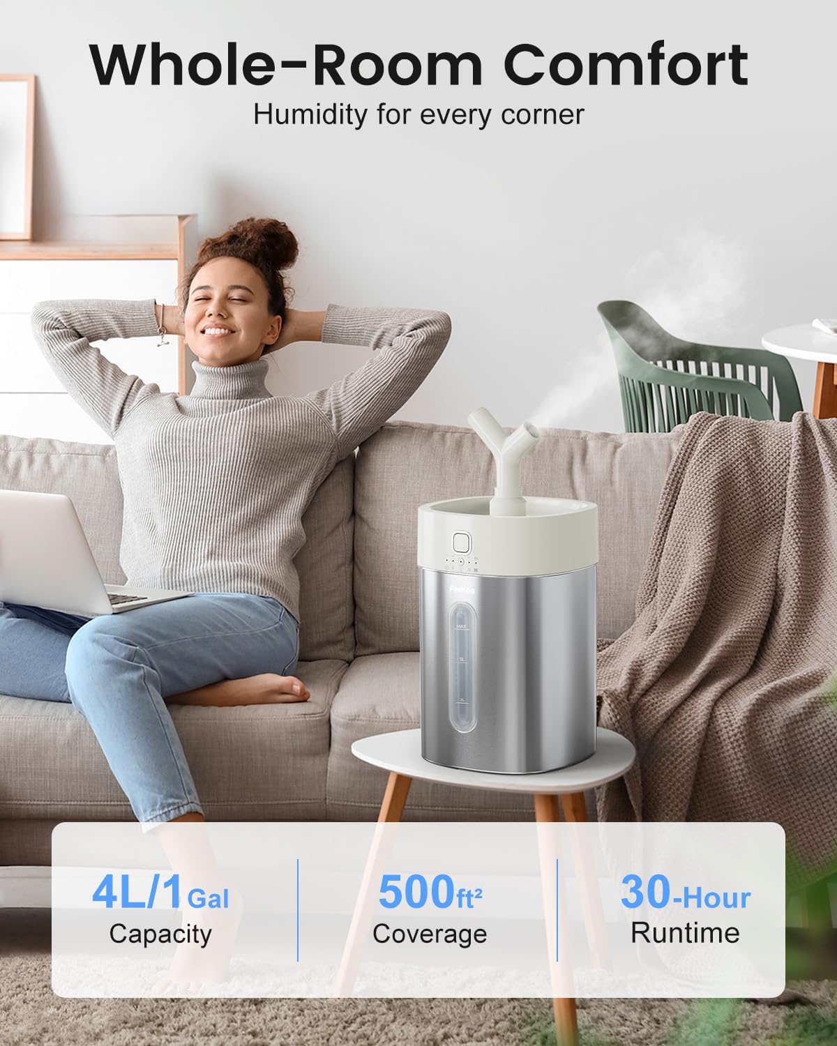 Feekaa Stainless Steel Humidifier Easy Clean, 4L/1Gal Cool Mist Humidifiers for Bedroom up to 500 sq ft, Dishwasher Safe Humidifier Large Room, Humidifiers for Bedroom Baby Nursery Living Room Office