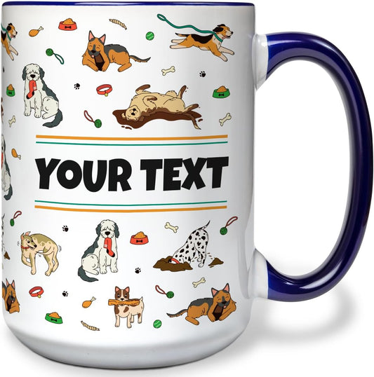 Personalized Mug for Kids - Dogs - Custom Name/Text, Ceramic Hot Chocolate/Cocoa/Coffee Cup for Boys/Girls, Birthday/Christmas/Holiday Gift - 15 oz, Navy Blue Handle