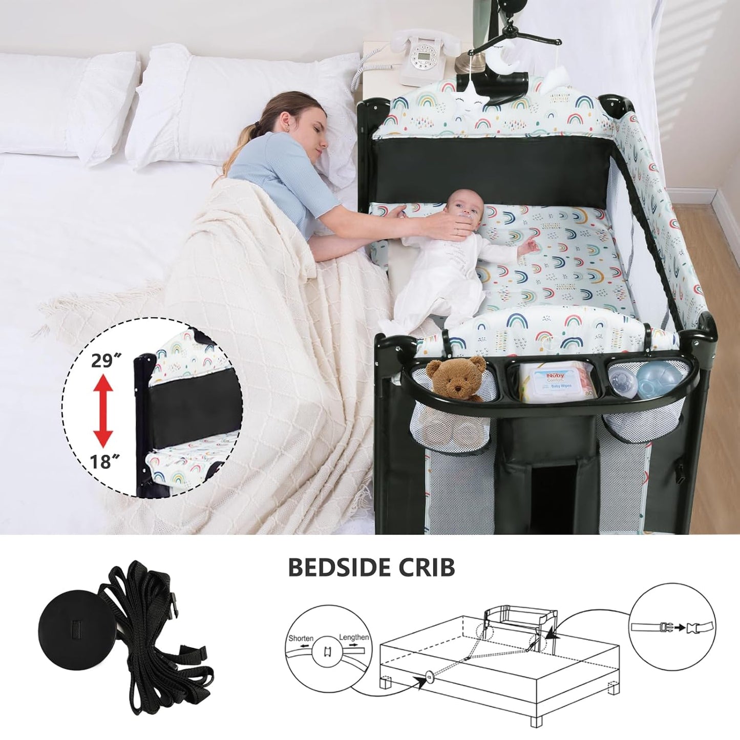 Kinder King 4 in 1 Portable Nursery Center, Foldable Baby Bedside Crib w/Bassinet, Infant Pack n Play Playard Toddler Large Playpen, Newborn Changing Table, Storage Basket, Side Zipper,Multicolour