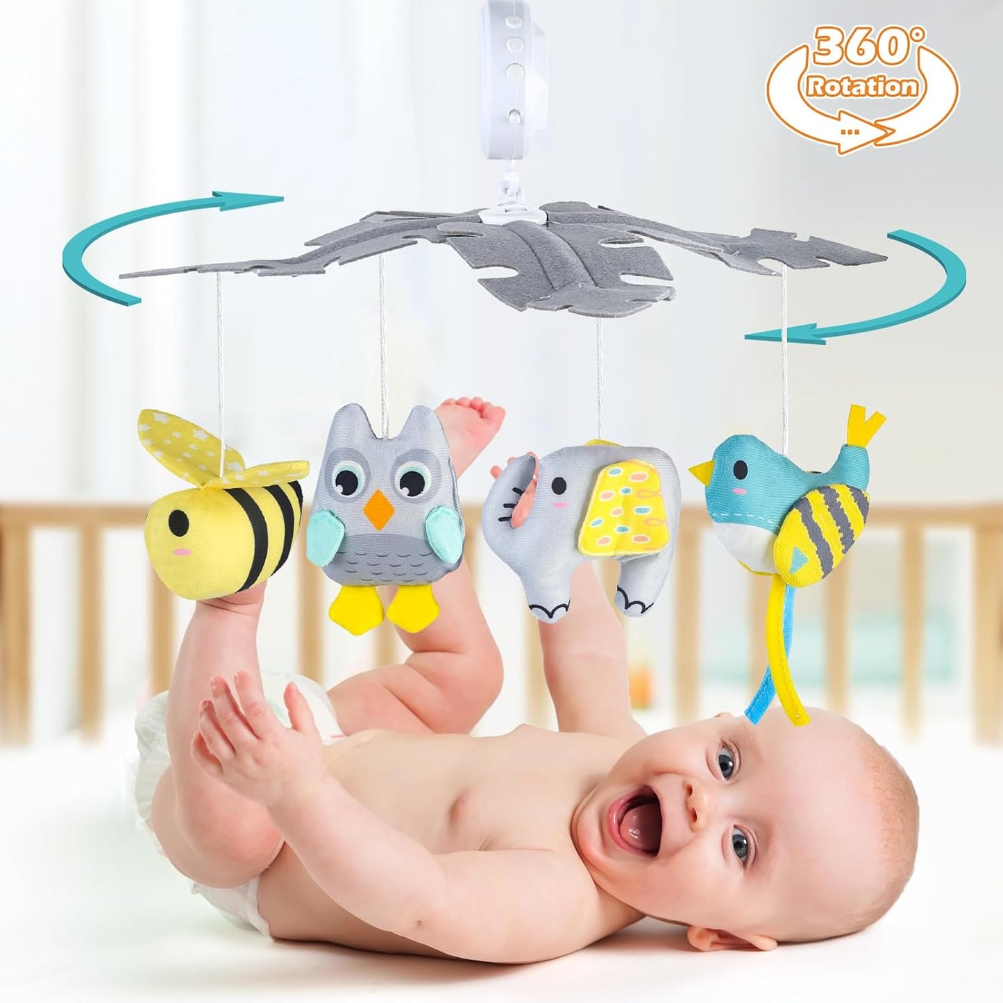 VZO Baby Crib Mobile with Music and Lights, Mobile for Crib with Remote Control, Rotation, Starlight Projection, Crib Toys for Babies Boys Girls Gray