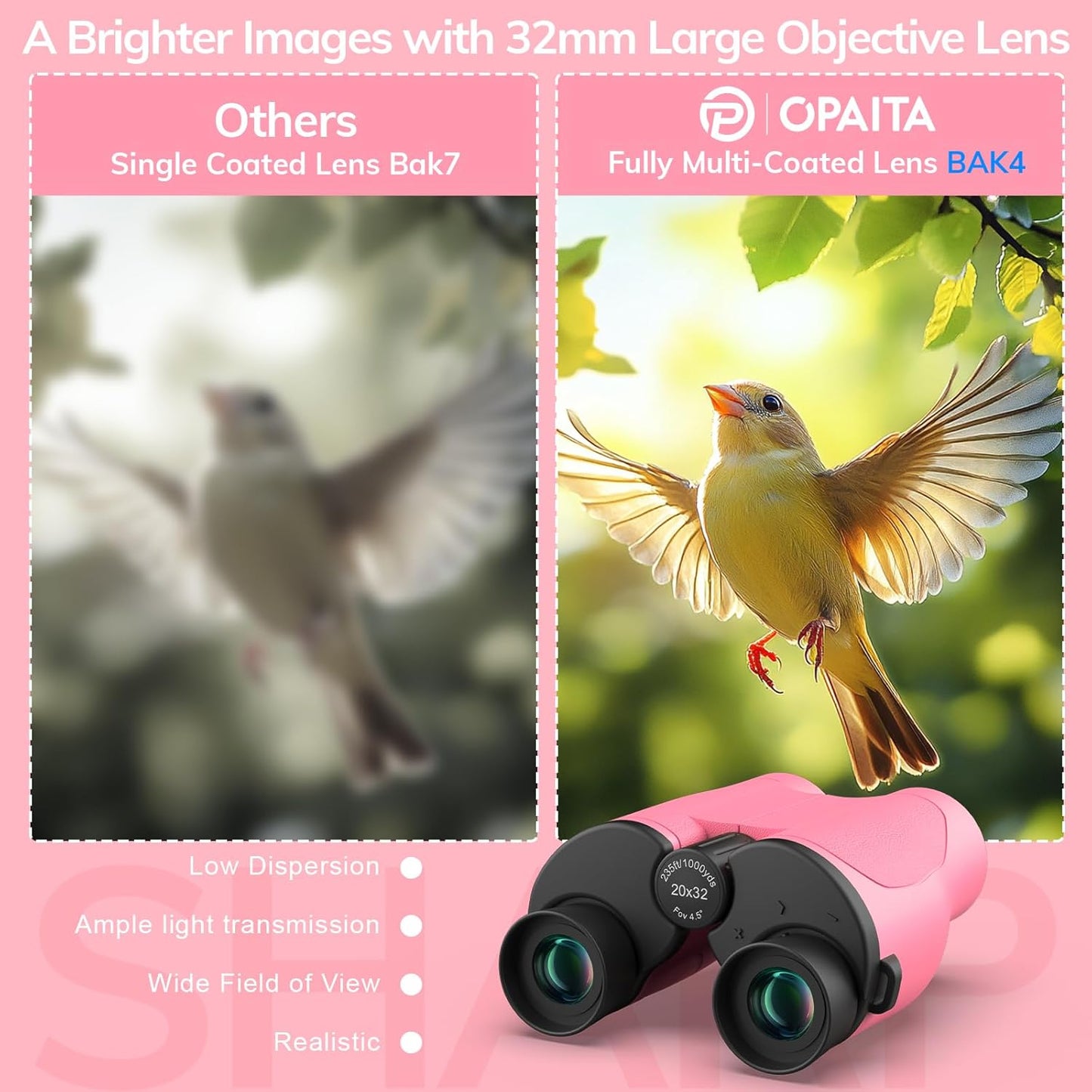 Compact Binoculars for Adults High Powered - OPAITA 20x32 Small Binoculars for Adults Kids with Low Light Vision for Hunting Cruise Ship Travel Concert Hiking Pink