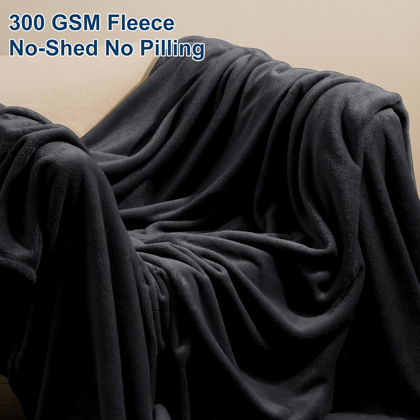 PHF Ultra Soft Fleece Blanket Queen Size, No Shed No Pilling Luxury Plush Cozy 300GSM Lightweight Blanket for Bed, Couch, Chair, Sofa Suitable for All Season, 90" x 90", Black