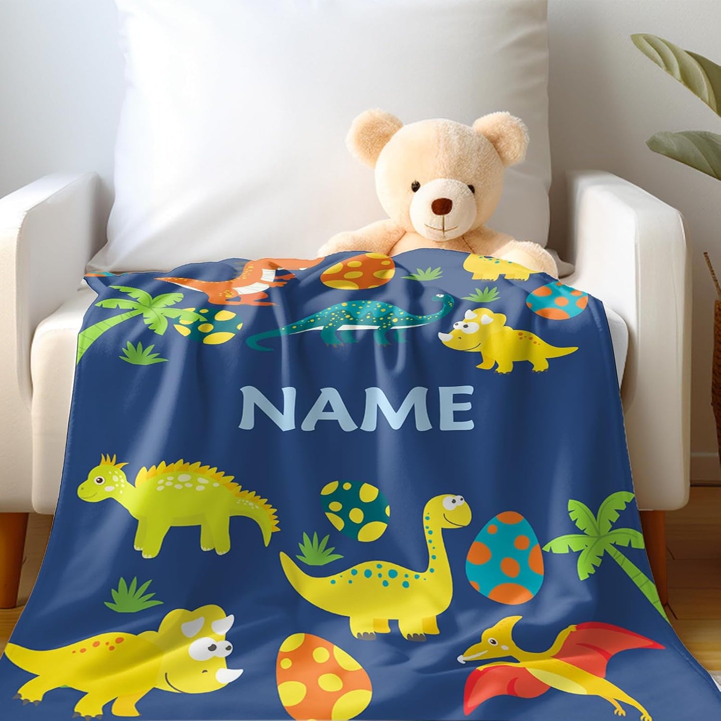 Ship Next Day, Custom Dinosaur Blanket - Printed in USA, Personalized Blankets with Name, Gift for Kids Boys Girls, Unique Present for Birthday, Christmas, Educational Blankets for Children