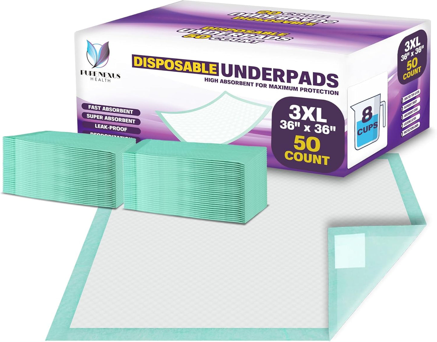 Disposable Bed Pads for Adults Extra Large 36 x 36 (50 Count) - Incontinence Bed Pads, Chuck Pads, Chux Pads, Changing Pads for Baby, Pee Pads for Kids