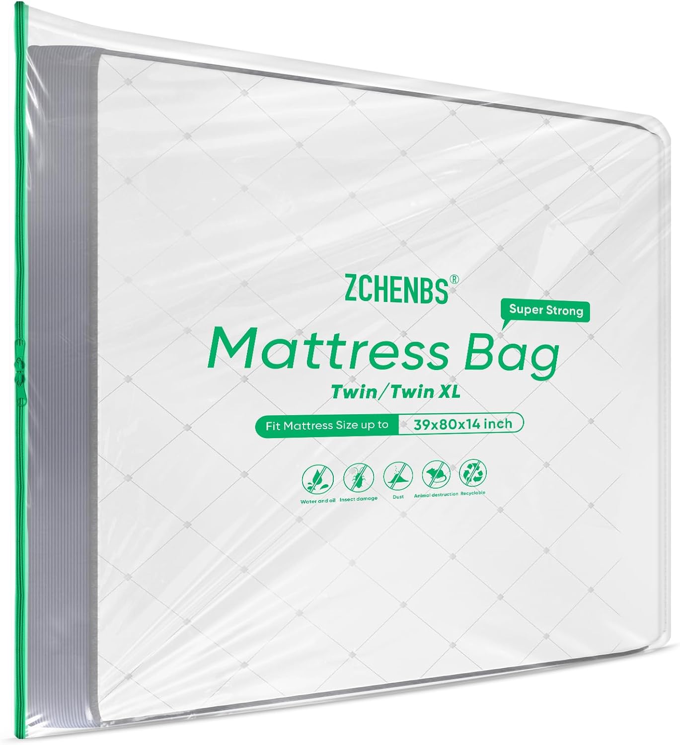 ZCHENBS® – Mattress Bags for Moving and Storage,Mattress Bag with Zippers,5 Mil Ultra-Thick Bed Bag,Waterproof,Anti-Tear,Heavy-Duty Mattress bag (Tansparent/Green, Green-King/California King-(1 Pack))