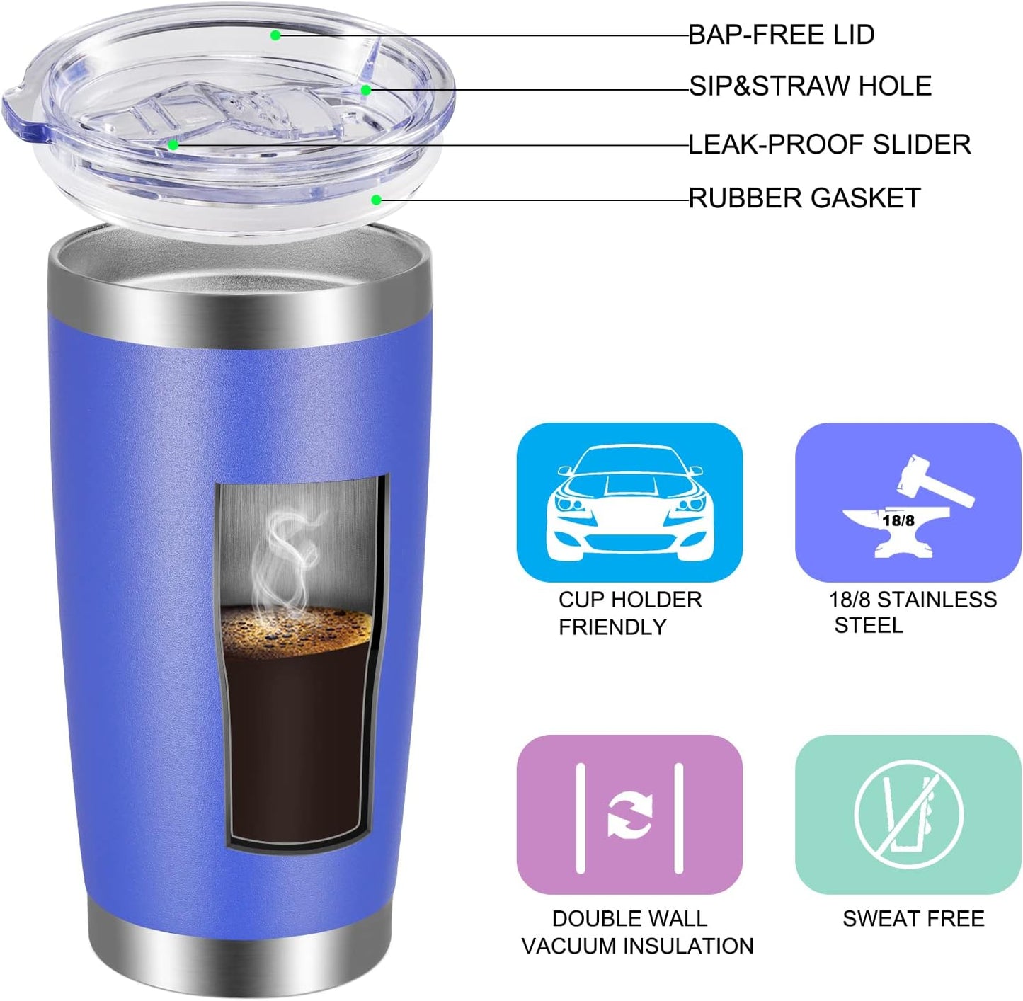 VEGOND 20oz Tumbler with Lid and Straw Stainless Steel Tumbler Cup Vacuum Insulated Double Wall Travel Coffee Mug Powder Coated Coffee Cup (Bluish Violet 1 Pack)
