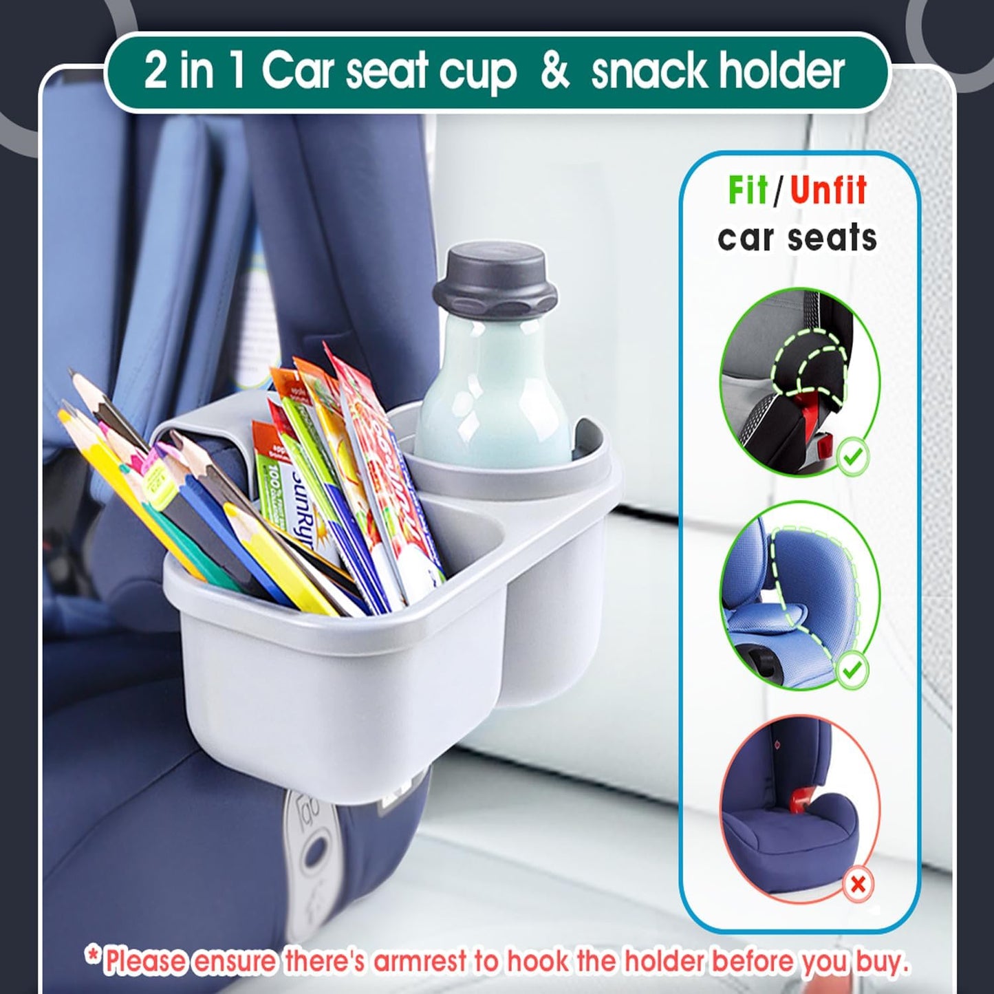 SnackPod Child Cup & Snack Holder for Convertible Car Seats & Strollers - BPA Free - Grey