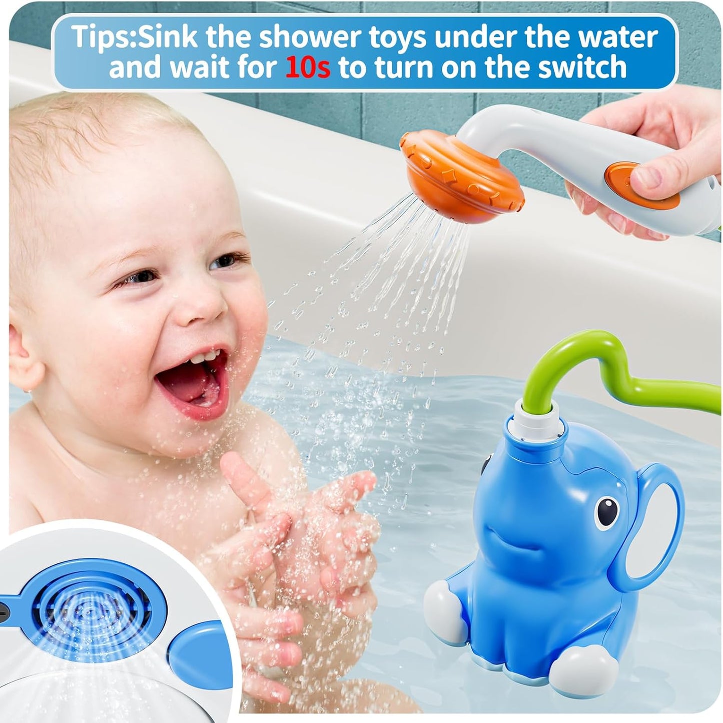 Baby Bath Shower Head Toys for Kids, Bath Toys for Infants with Elephant Water Pump for Kids 2-4, 3 Pack Wind-up Pool Toys for Kid, Bathtub Toys 18-24 Months Toddlers Boys Girls