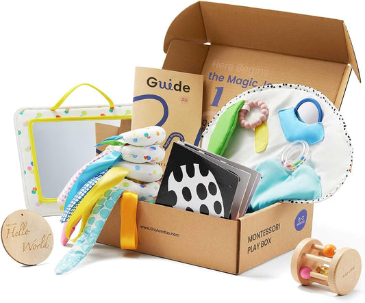 Tiny Land Montessori Baby Toy Set 0-3 Months Newborn Development Sensory Play Kit - 5-in-1 Mirror, Black & White Card Set, Rolling Bell, Play Mat, and Bed Wrap