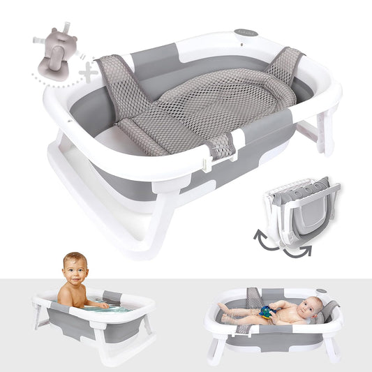 BEBELEH™ Collapsible Baby Bathtub – Bathtub + Baby tub Sling + Newborn Sling – Baby Bathtub Newborn to Toddler 0-24 Months – The Ultimate Travel Baby Bath Tub and Everyday Use! (Gray)