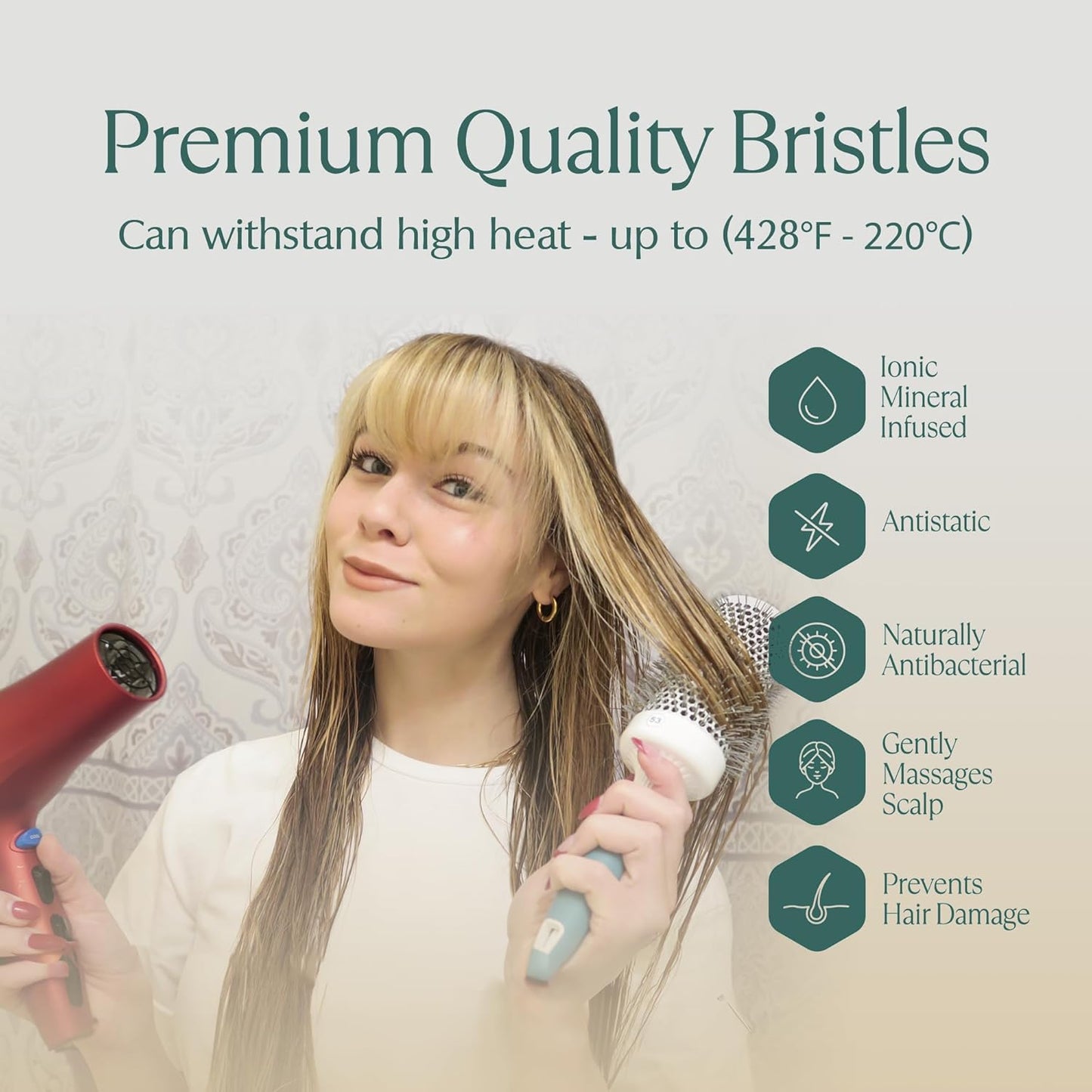 Round Brush for Blow Drying - Extra Large Ceramic Ion Thermal Barrel for Precise Styling and Maximum Volume - Lightweight Hair Brush for Smooth Manageable Hair (Bristle 3.4 in, Barrel 2.5 in)