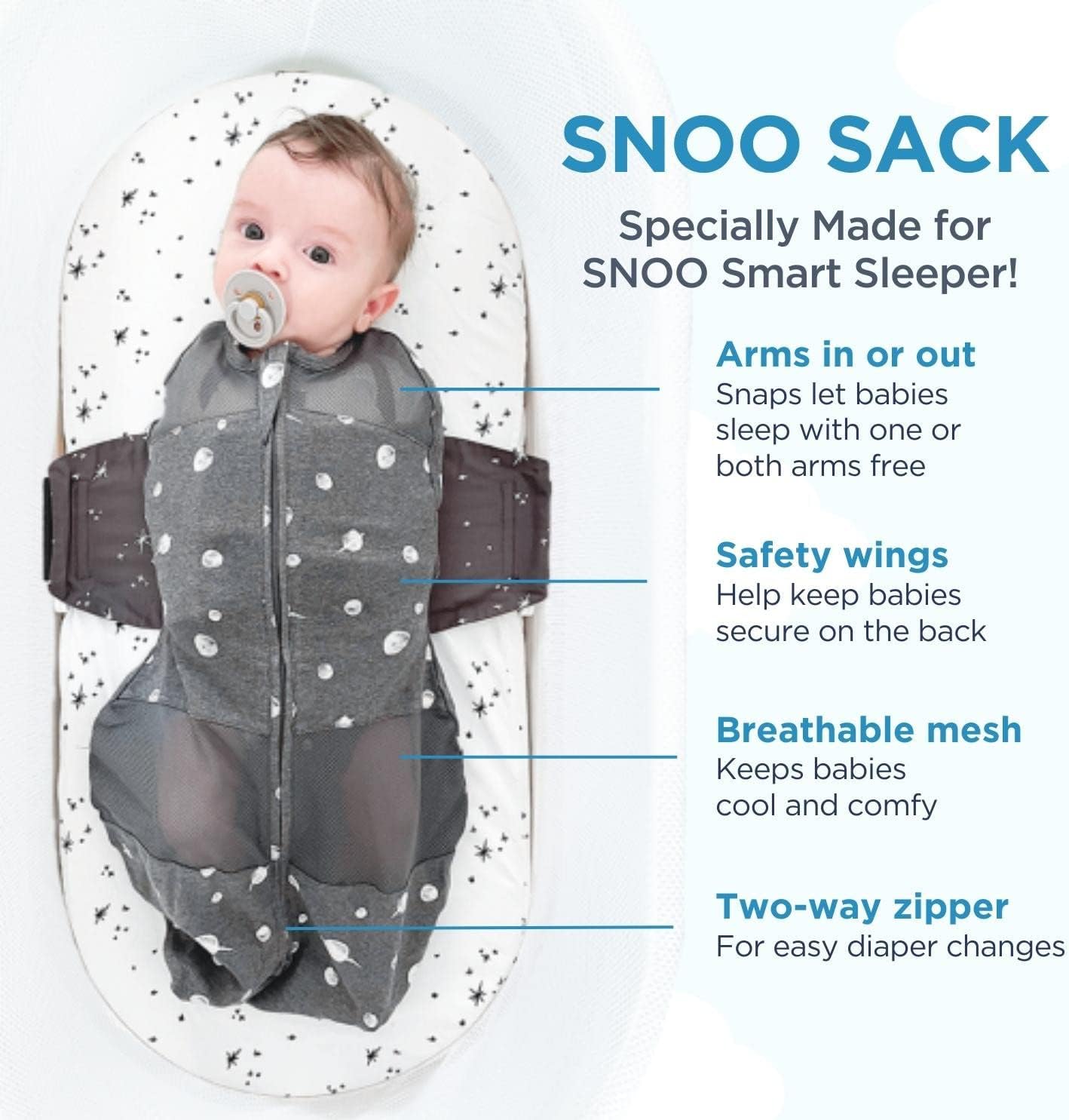 Happiest Baby SNOO Sleep Sack - 100% Organic Cotton Baby Swaddle Blanket - Doctor Designed Promotes Healthy Hip Development (Midnight Planets, Small)