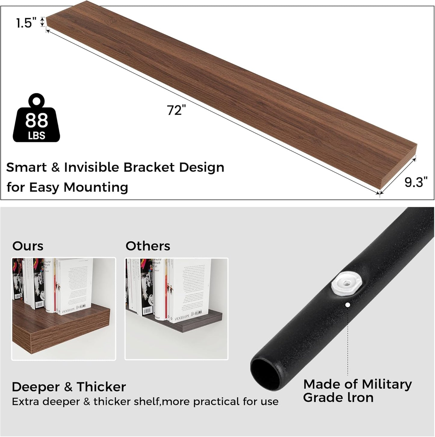 Floating Shelves for Wall, Large Wall Mounted Shelves with Invisible Brackets, Long Wood Floating Shelf for Living Room, Bedroom, Kitchen, (Walnut, 72" W x 9" D x 1.5" H)