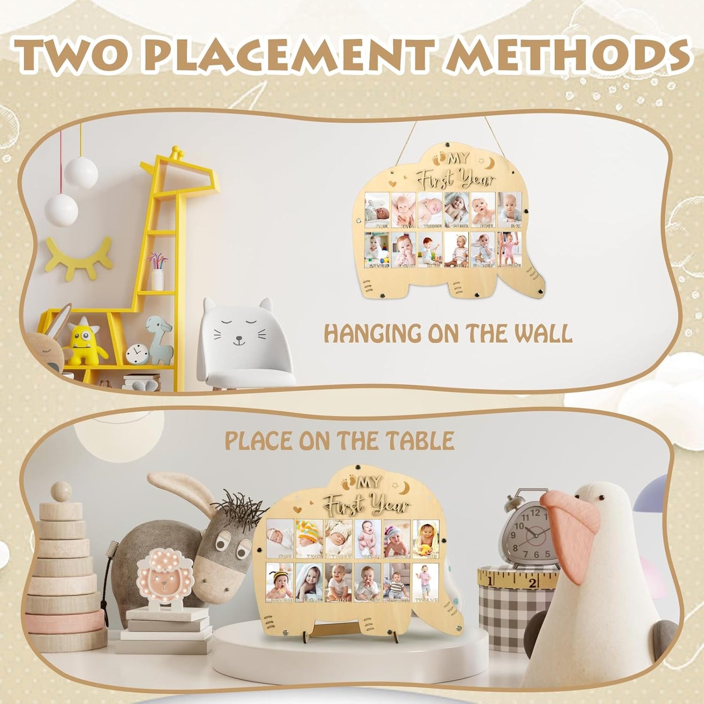 My First Year Picture Frame,One Year Of Photo Board, Baby's First Twelve Months Photo Collage and Gender Neutral Keepsake, Ideal for Baby Shower,New Mom Keepsake Gift and Nursery Decor - With Stand (Elephant sign)