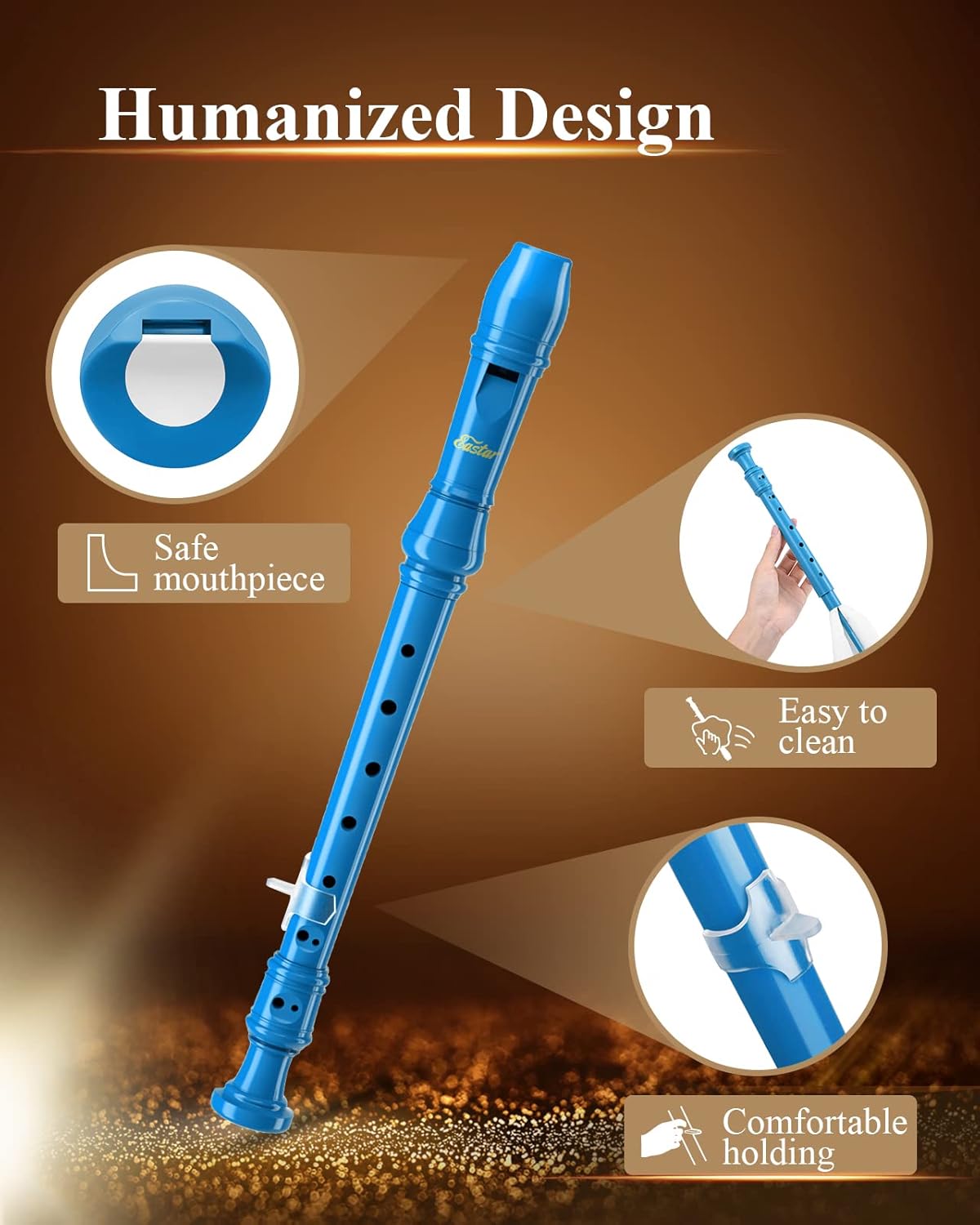 Eastar Soprano Recorder Instrument for Kids Beginners, German Fingering C Key with Cleaning Kit, Thumb Rest, Cotton Bag, Fingering Chart, ERS-21GB, Blue, School-Approved