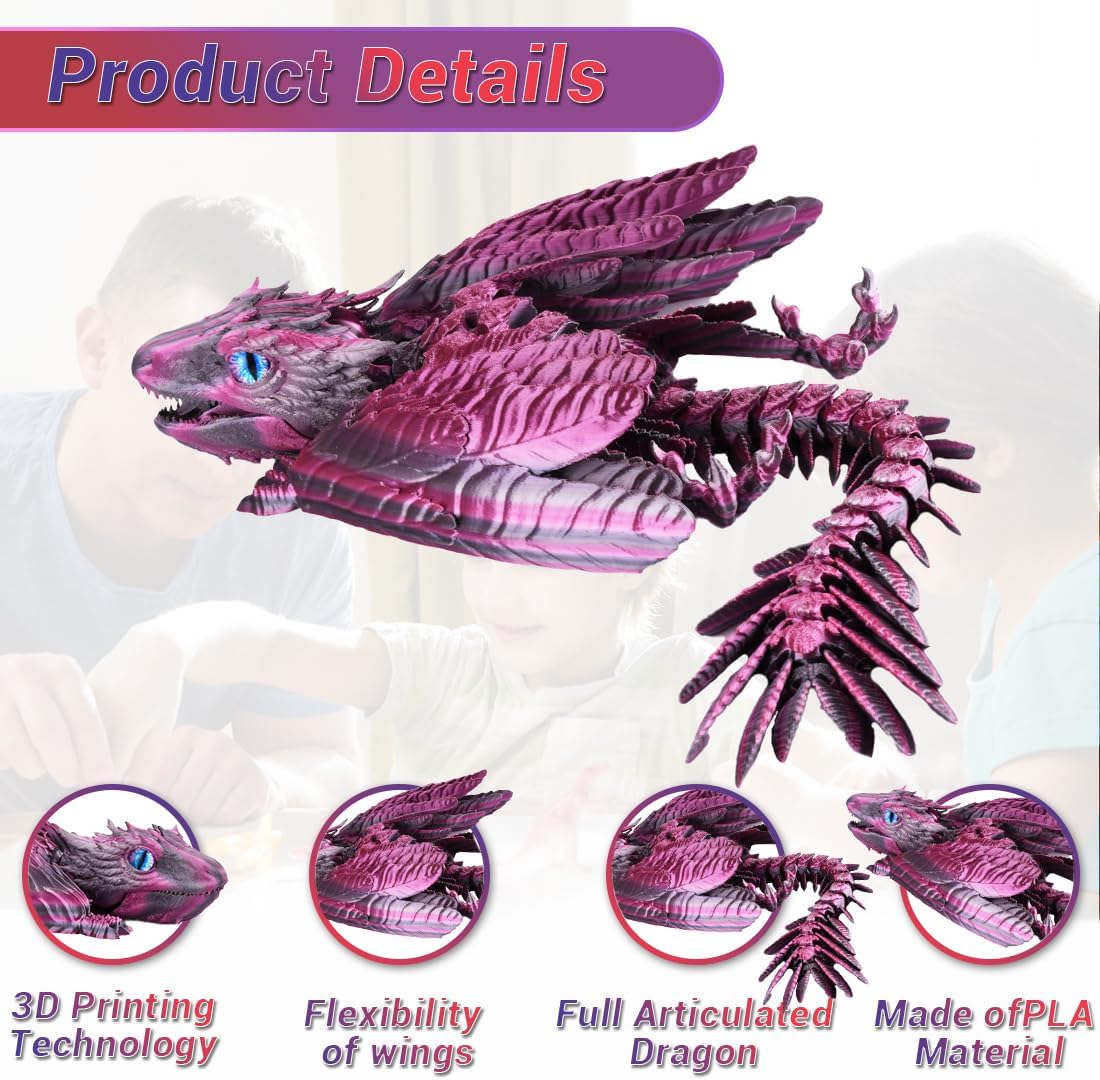 3D Printed Dragon with Wings 3D Printed Animals Articulated Dragon Fidget Dragon 3D Printed Toys Dragon Toy Desk Pets Home Office Decor (Purple)