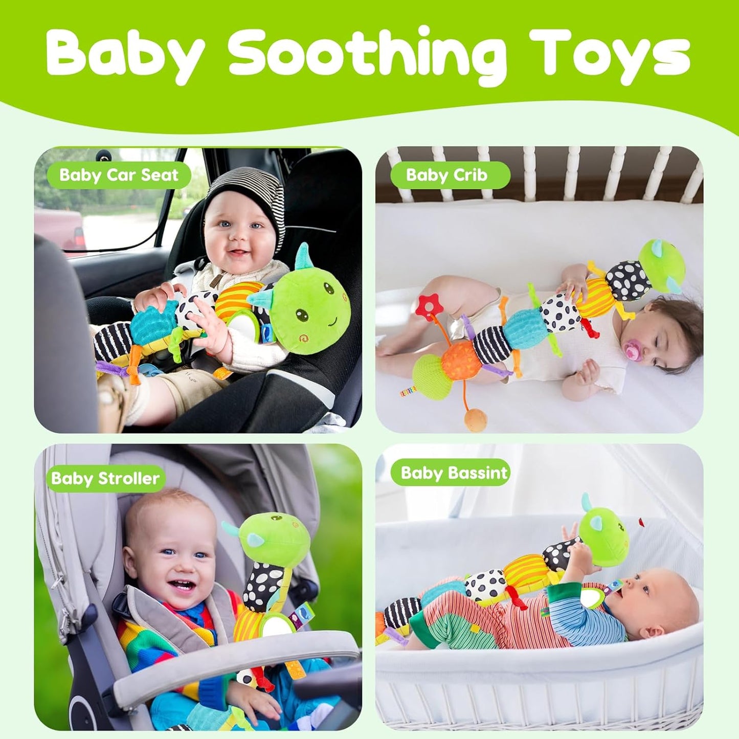 Baby Sensory Toy 0-6 Month Music Animal Stuffed Plush Caterpillar Toy for Infant 0-3-6 Month Tummy Time with Baby Mirror Crinkle Rattle for 6-12 Month Carseat Toys for Newborn Boys Girls Shower 1