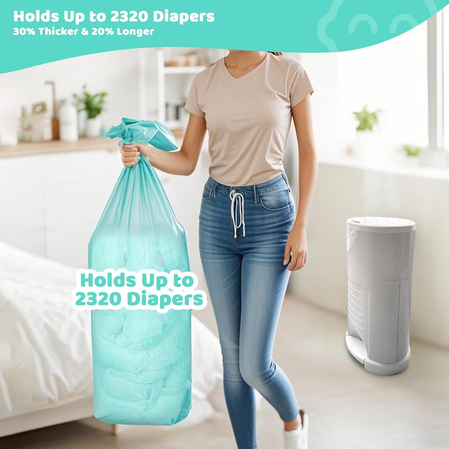 [4 Pack] Newnice Diaper Pail Refill Bags for Dekor Classic Diaper Pail, 30% Extral Thicker Diaper Genie Refills, Continuous Liners for Baby & Adult Diapers, Nursery Trash Solution