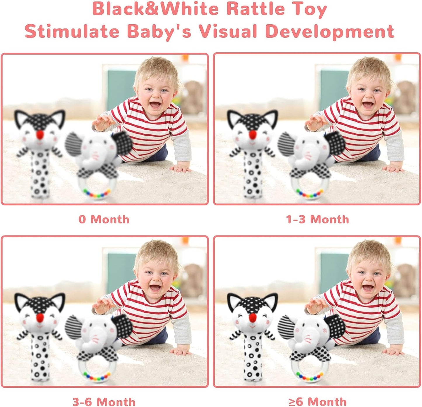 Baby Rattles 0-6 Months Newborn Toys Infant Toys 0-3 Months Rattles for Babies 0-6 Months Baby Toys 0-6 Months, Black and White High Contrast Plush Stuffed Baby Toys for 0 3 6 9 12 Months Girls Boys