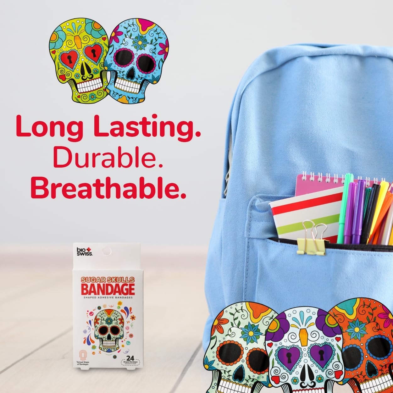 BioSwiss Bandages, Sugar Skull Shaped Self Adhesive Bandage, Latex Free Sterile Wound Care, Fun First Aid Kit Supplies for Kids, 24 Count