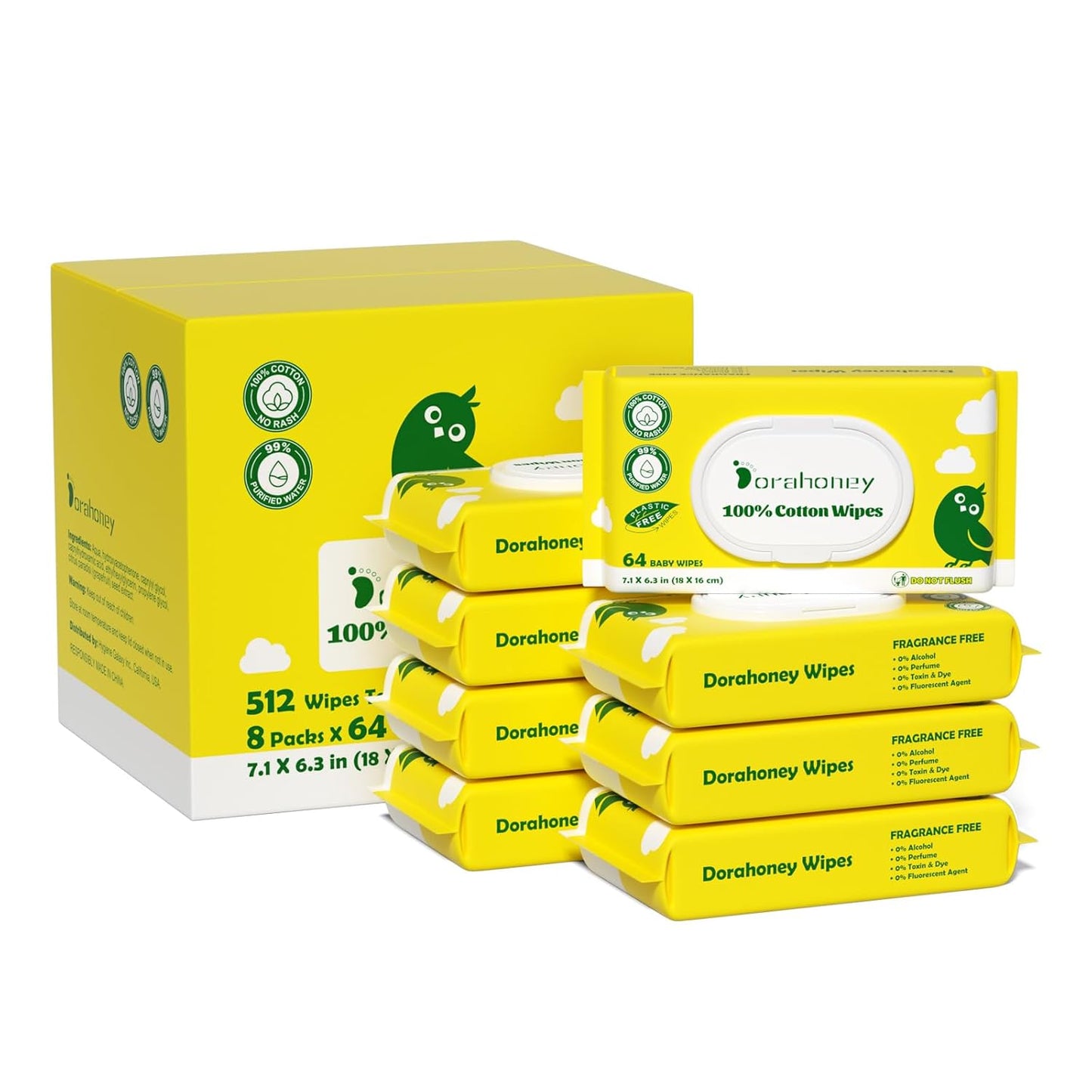 100% USA Cotton Baby Wipes for Sensitive Skin, 99% Purified Water Unscented Wet Wipes, Hypoallergenic & Plastic-Free, 512 Count (8 Flip-Top Packs of 64)