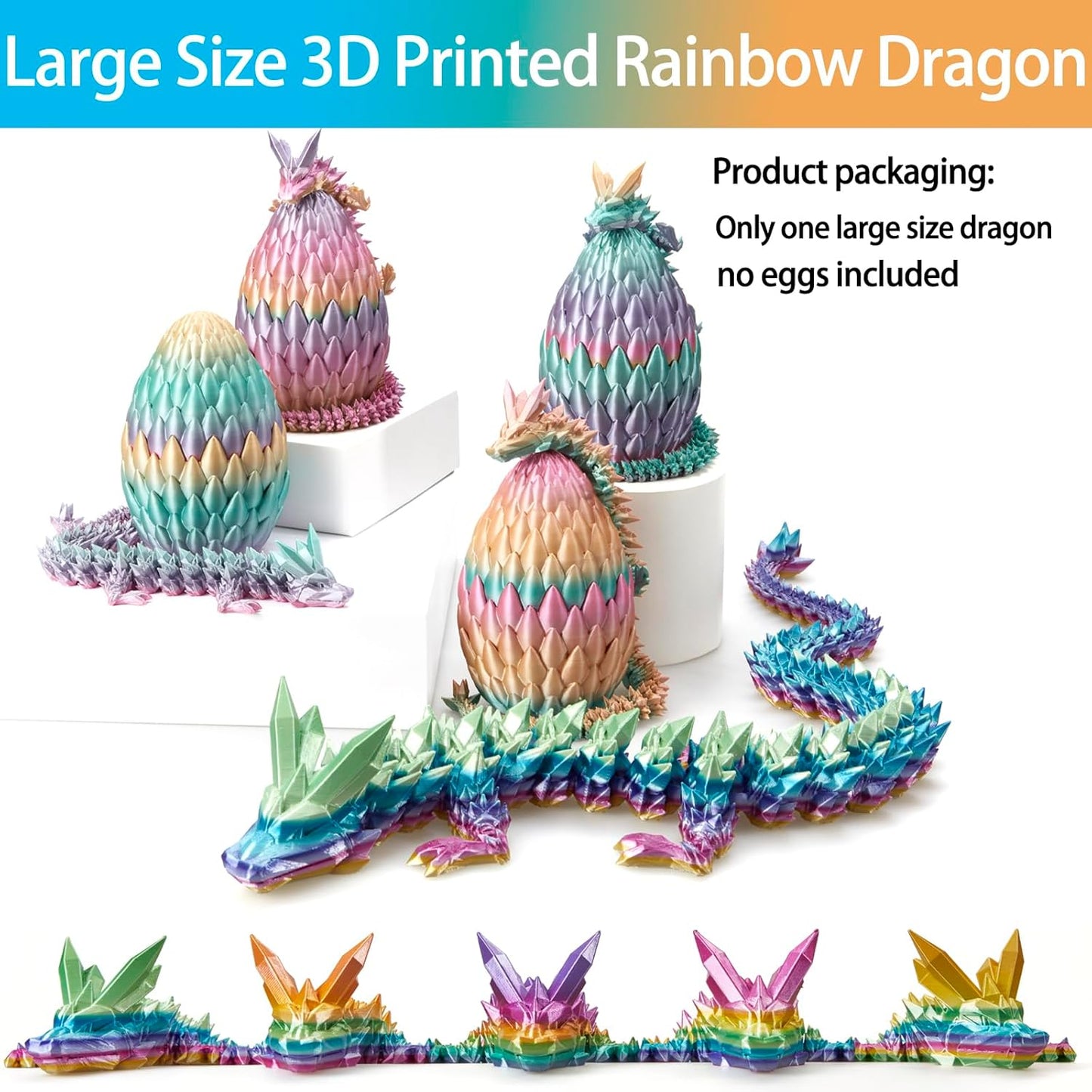 3D Printed Dragon, 24 Inch Crystal Dragon, Bigger Fidget Toys Adults, 3D Printed Articulated Dragon for Home Office Car Desk Decor Toys, Dragon Eggs Gift Given on Birthday (Rainbow)