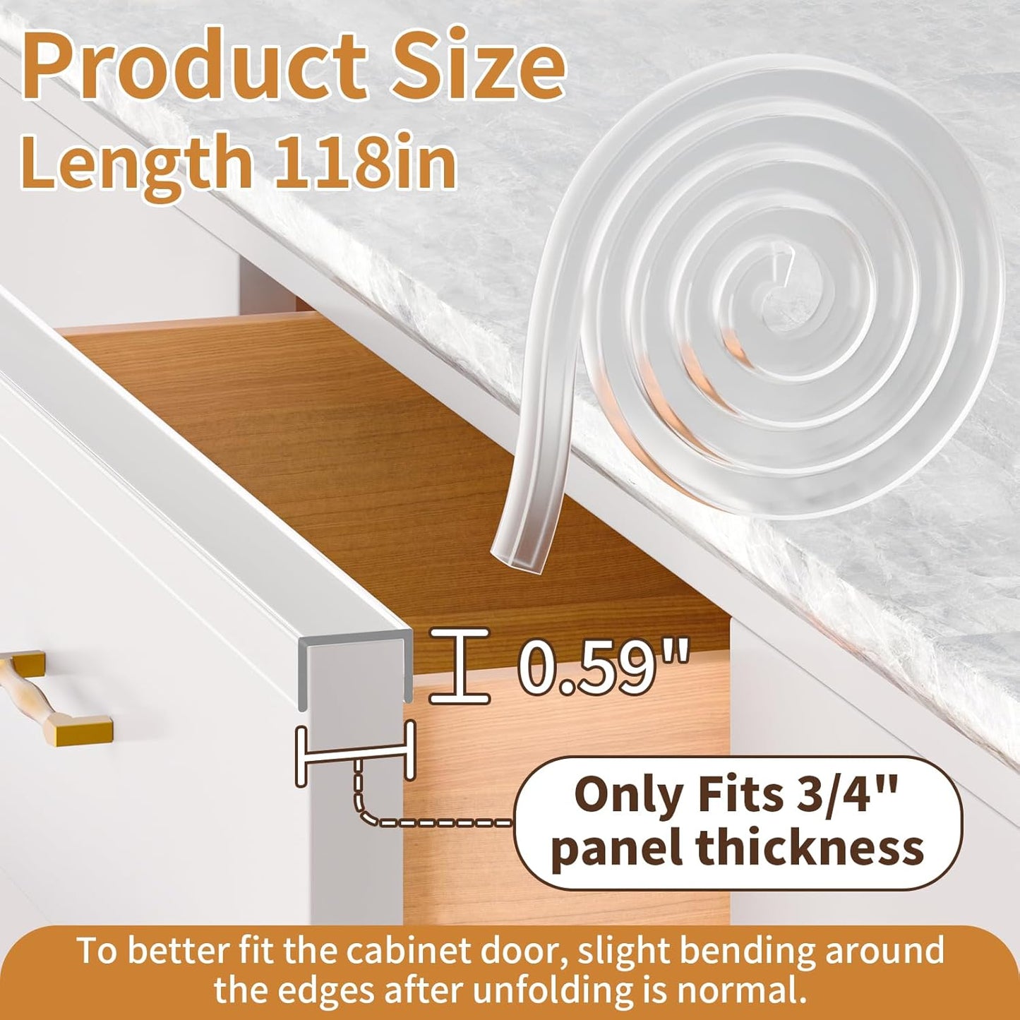 Cabinet Protectors for Kitchen Cabinets, Cabinet Door Edge Protector PVC Edge Guard Drawer Protector Prevent Wear, Chipping, Discoloration, Bumpers Clear, 3/4" Thick, 118'' Length