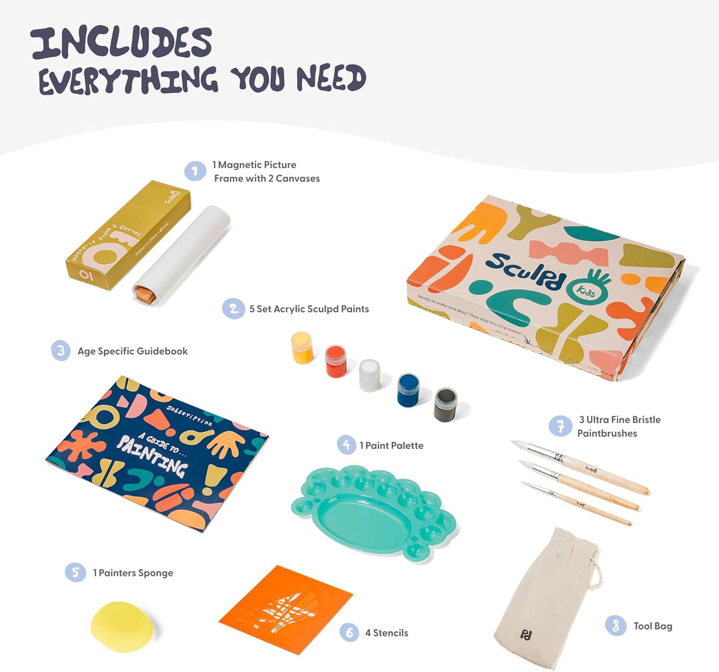 Sculpd Kids Painting Kit, Paint Craft Set for Kids Age 7+, Includes 5 Color Paint Set, Paintbrushes, Magnetic Picture Frame, 2 Canvases, Paint Palette, Additional Art Supplies and Free Guidebook