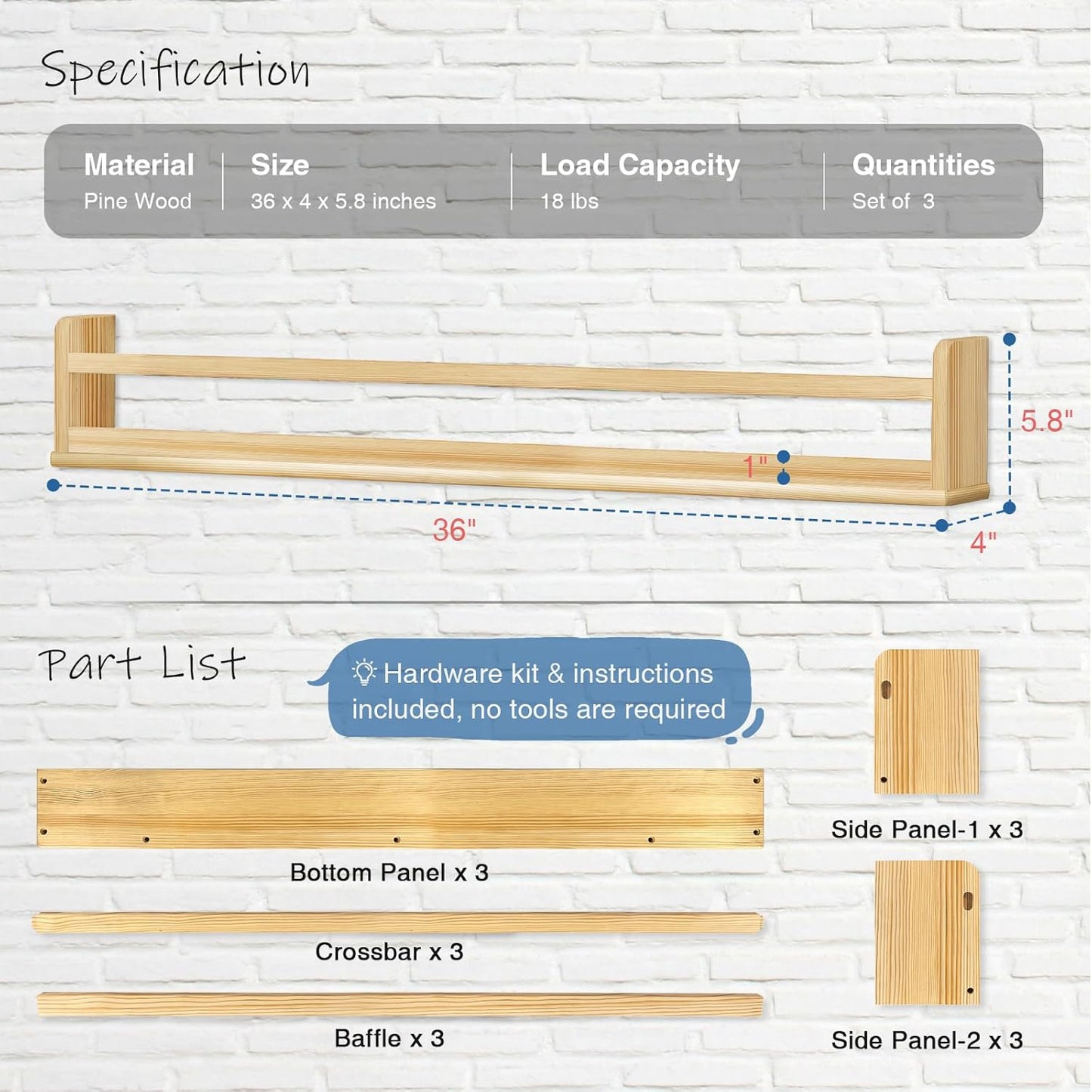 Upgraded Wooden Wall Bookshelf for Kids Books, Large Nursery Floating Shelves for Kids Bedroom, Natural Wood Wall Bookshelves for Teens Toddlers Living Room Decor (36 Inch Long 3-Pack)