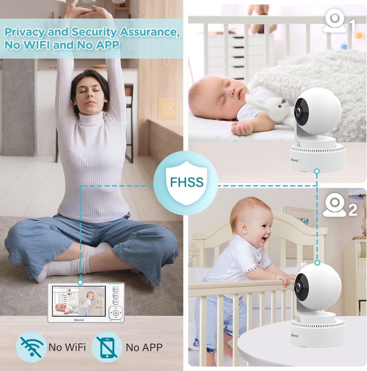 Baby Monitor with 2 Cameras and Audio, 4.3'' IPS Split-Screen Monitor with 29-Hour Battery, 1000ft Range Pan-Tilt-Zoom Video Baby Monitor No WiFi, 2X Zoom