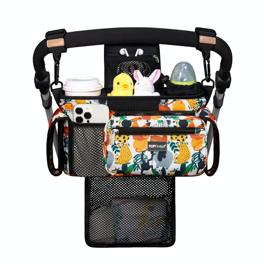TOPDesign Universal Baby Stroller Organizer, Stroller Caddy with Detachable Mesh Bag & Heightened Insulated Cup Holders & Non-Slip Secure Hooks Accessories, Fits Most Strollers (Zoo)