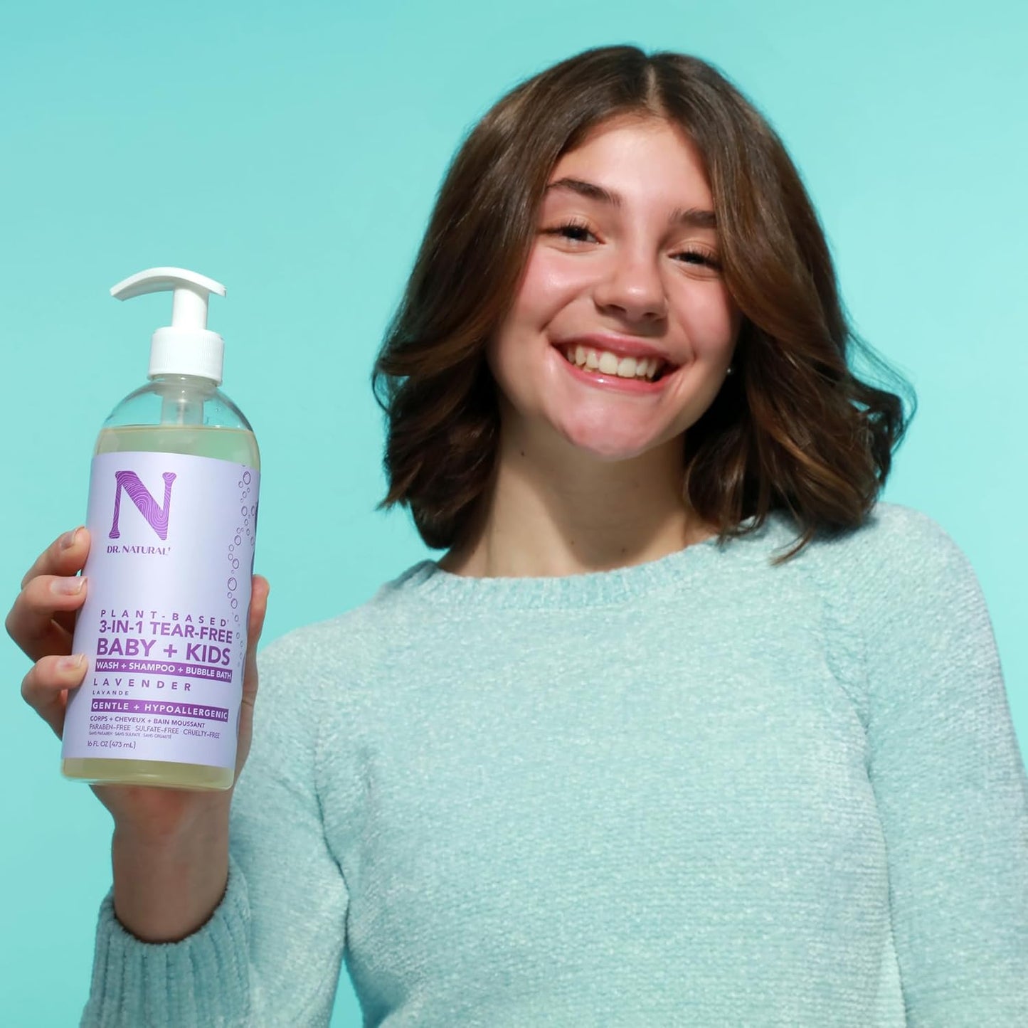 Dr. Natural 3-in-1 Tear-Free Baby Plus Kids Soap - Head-to-Toe Soap and Shampoo - Sensitive Skin Moisturizing Body Wash - Lavender - 16 oz