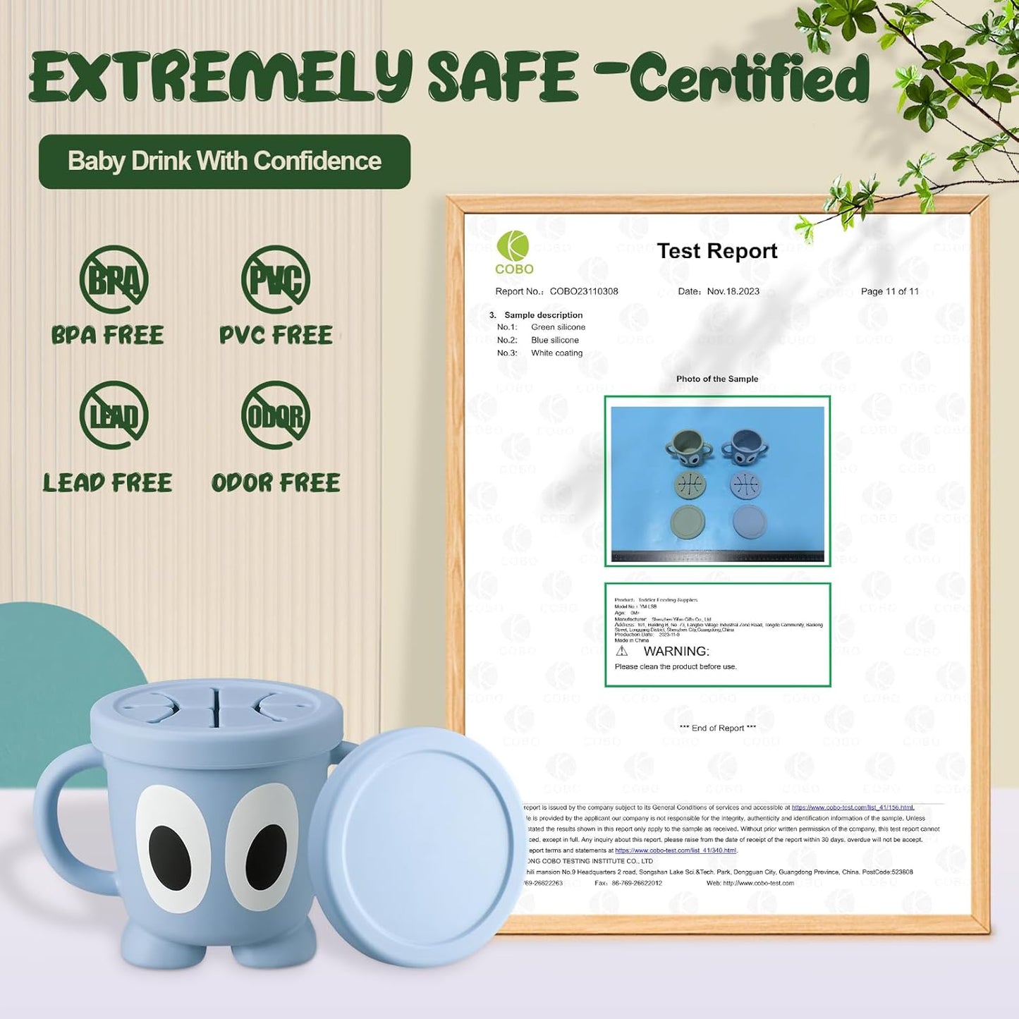 Silicone Snack Cups Food Container for Toddlers and Babies, Spill Proof Training Cup with Snack Cup Lid & Dust Proof Lid, Comes with a toy strap, Without BPA, Lead, or Phthalates (Ether & Sage)