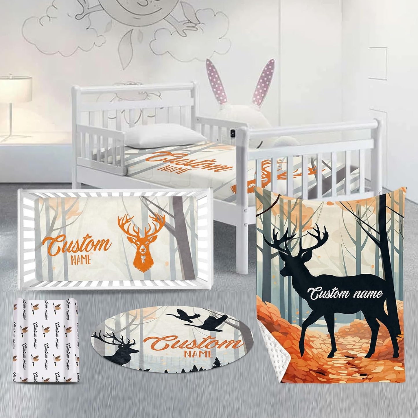 Custom Nursery Crib Bedding Set: Personalized Name 4 Piece Orange Sika Deer Design Baby Crib Sets for Baby Girls - Toddler Double Layer Blanket Set, Comfortable Crib Bed Sheets for Baby Toddlers