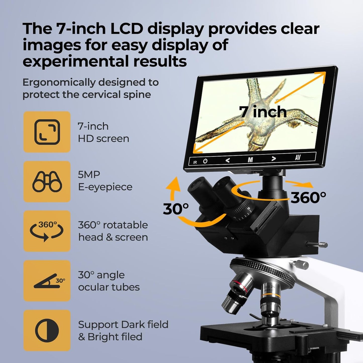 [Darkfield Blood Model] Lab Darkfield & Brightfield Vabiooth Trinocular Compound Microscope 40X-2500X Magnification with 7" Monitor 5MP E-Eyepiece, Adjustable Mechanical Stage, LED Illumination
