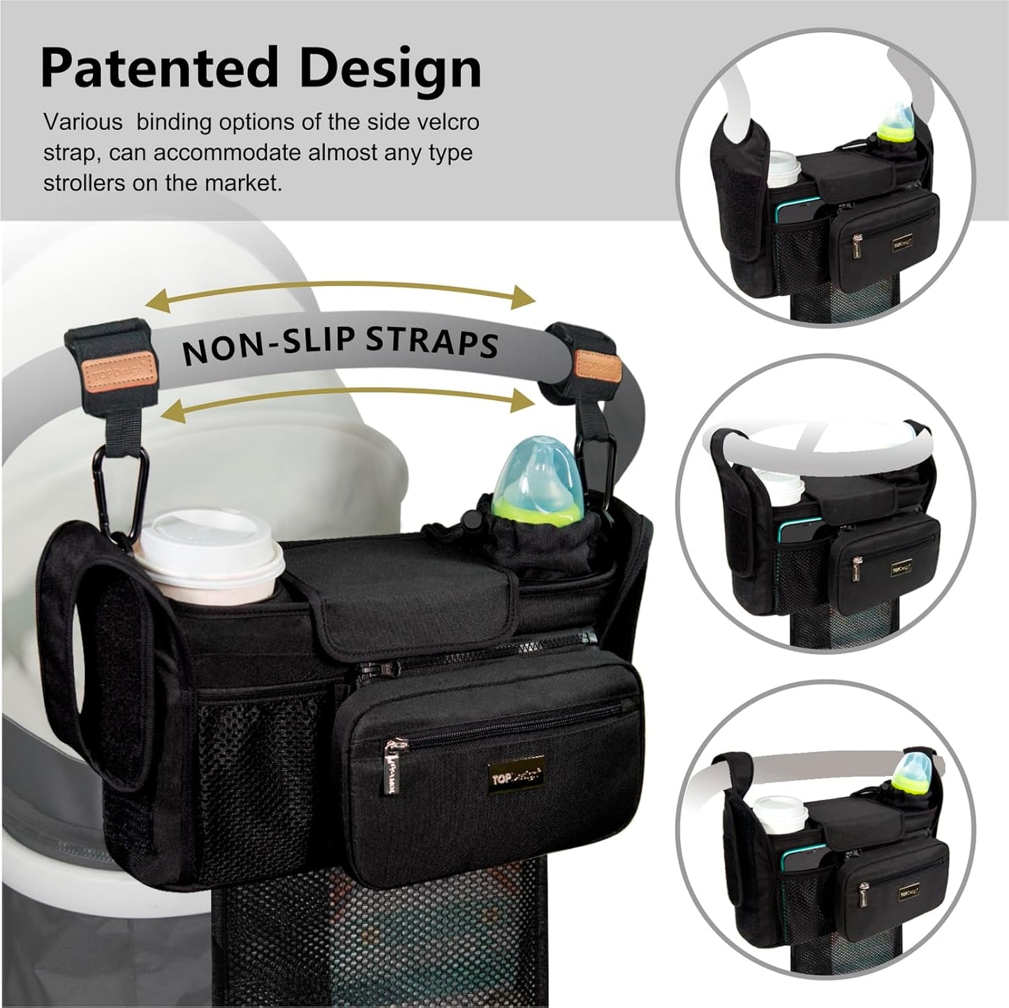 TOPDesign Universal Baby Stroller Organizer, Stroller Caddy with Detachable Mesh Bag & Heightened Insulated Cup Holders & Non-Slip Secure Hooks Accessories, Fits Most Strollers (Morning Glory)