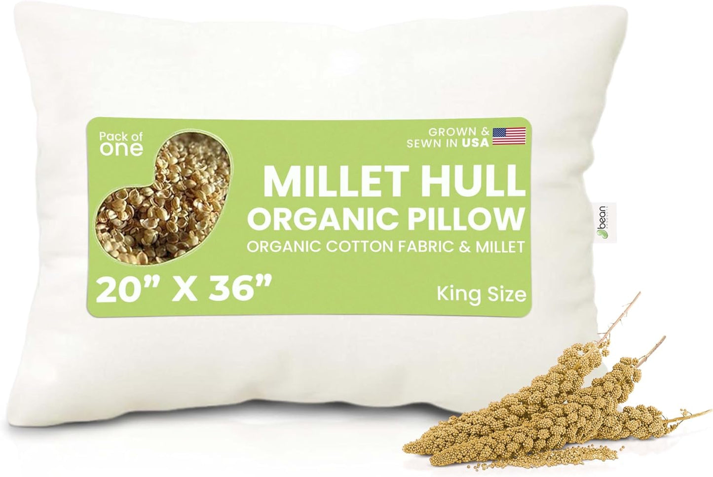 Bean Products 20" x 36" King Bed Pillow for Sleeping – Organic Millet Fill with Organic Cotton Fabric, Soft Head Pillow – Eco-Friendly, Breathable, and Durable Sleep Aid, Made in The USA