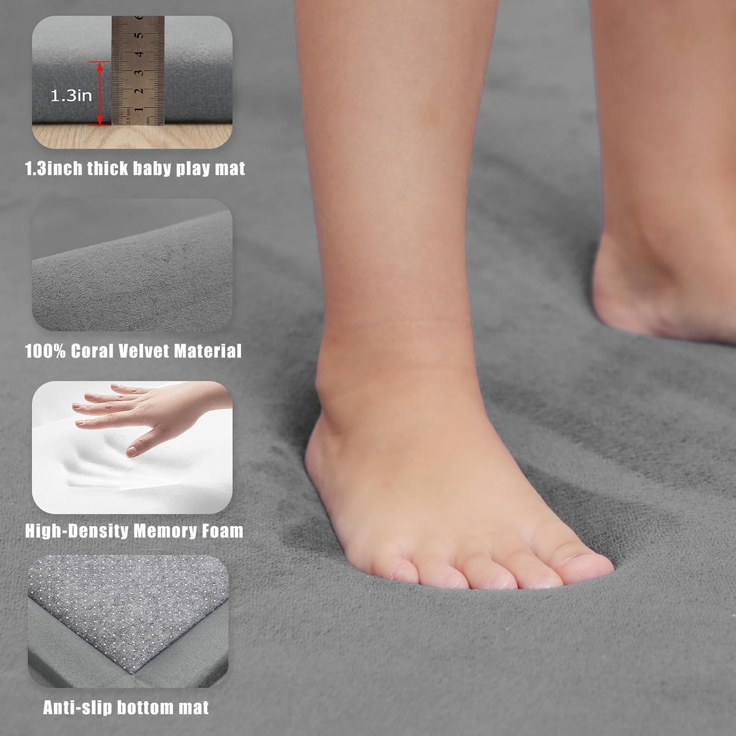 Thick Play Mat for Baby, 50 X 50x 1.3" Memory Foam Playpen Mat,Ultra Soft Tummy Time Mat with Non-Slip Backing, Baby Crawling Mat Child Nursery Rug for Infant, Toddlers, Kids (Light Gray)